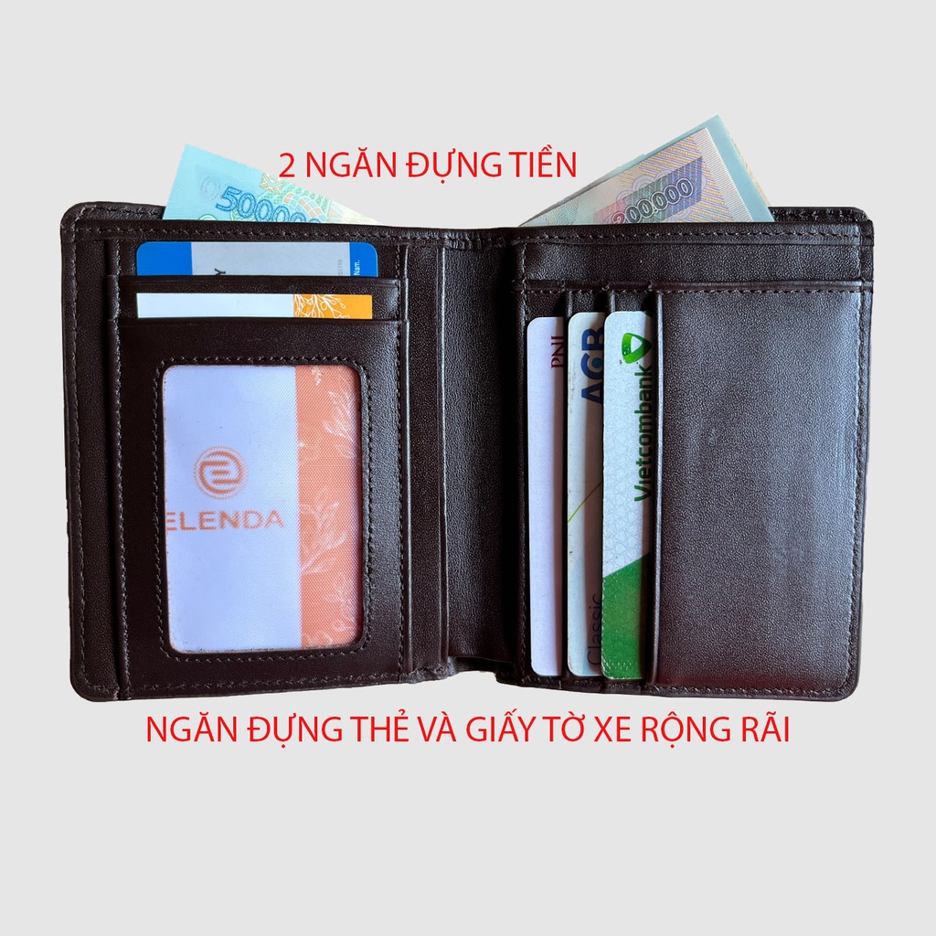 Ví nam da bò thật cao cấp dáng đứng Elenda có da vân trơn mịn dầy và độ bền cao: VIE011
