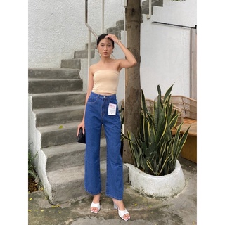 Quần jean nữ ống rộng cotton lưng cao không giãn trơn màu xanh đậm