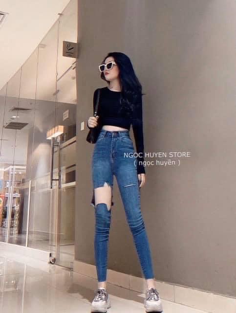Quần jeans cạp cao xanh rách gối