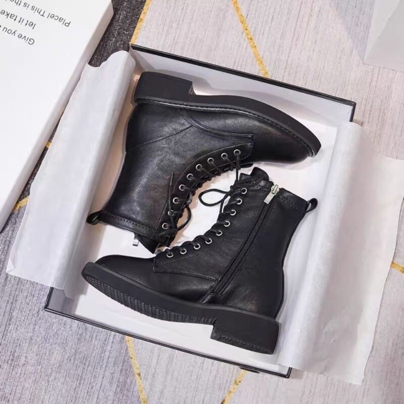 Giày boot nữ cổ thấp da lộn đế 3p khóa kéo mặt trong sang chảnh - Giày bốt nữ cổ ngắn buộc dây trước cao cấp