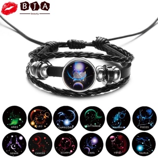 Vòng tay dây da bện mặt thủy tinh hình 12 cung hoàng đạo phong cách punk có thể điều chỉnh cho nam và nữ