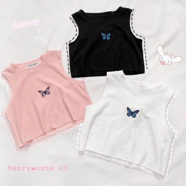 Áo Croptop Nữ Ulzzang 🌺 Áo Ba Lỗ Nữ 🌺 Thêu Bướm Chất Cotton Mềm Mịn