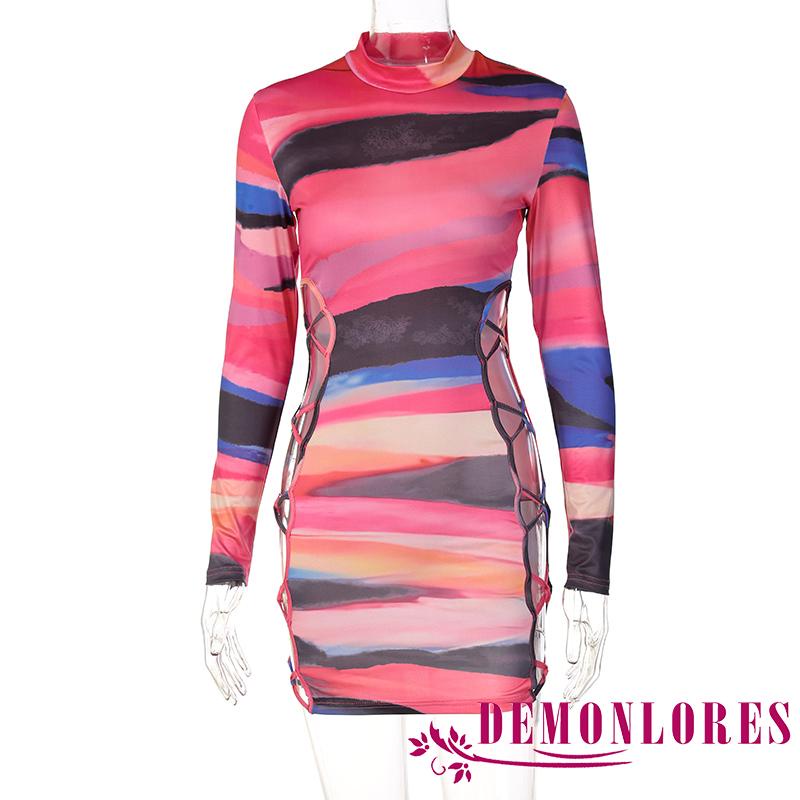 DEMQ-Women Bodycon Dress Long Sleeve High Neck Tie Dye Hollowed Club Party Mini Dress