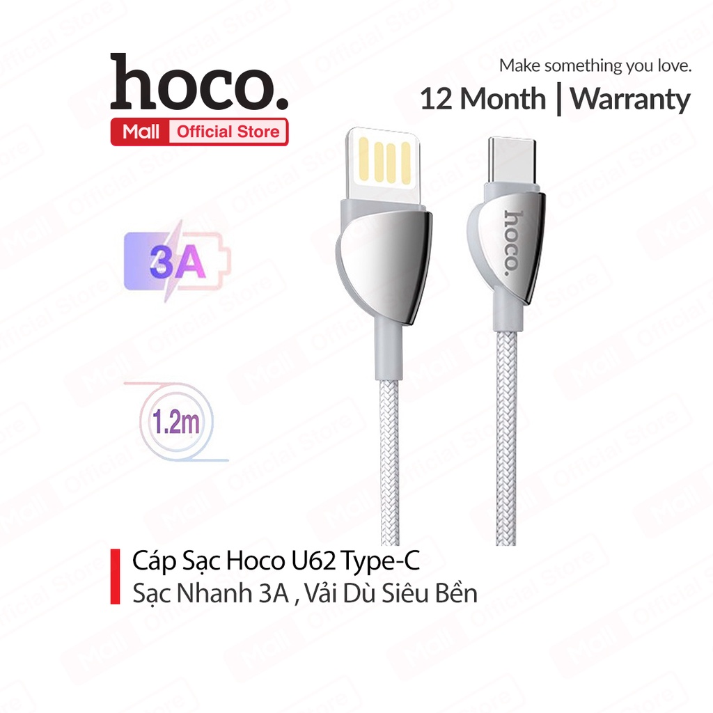 Cáp sạc 3A Hoco U62 Type-C vải dù siêu bền dài 1.2M cho Android