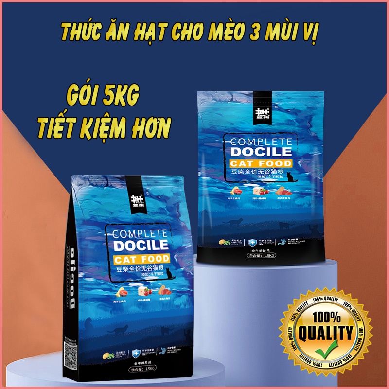 DOCILE-Thức ăn cho Mèo Gói 5kg Thức ăn cho Mèo con- Mèo trưởng thành mèo Anh lông ngắn, mèo Ba Tư, mèo Tai Cụp, mèo Beng