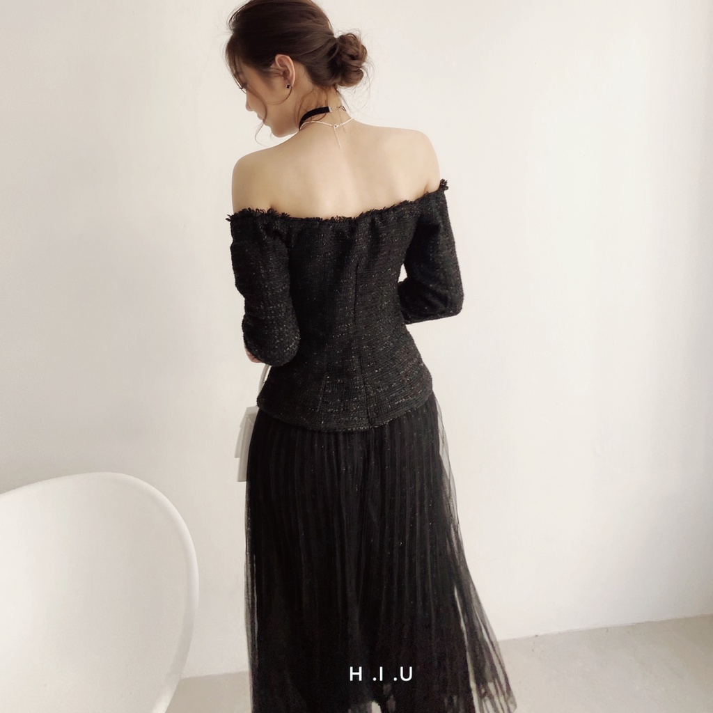 Chân váy midi Ami skirt black H.I.U ROOM xếp ly voan ánh kim 2 lớp, HIU desgin 2021 | BigBuy360 - bigbuy360.vn