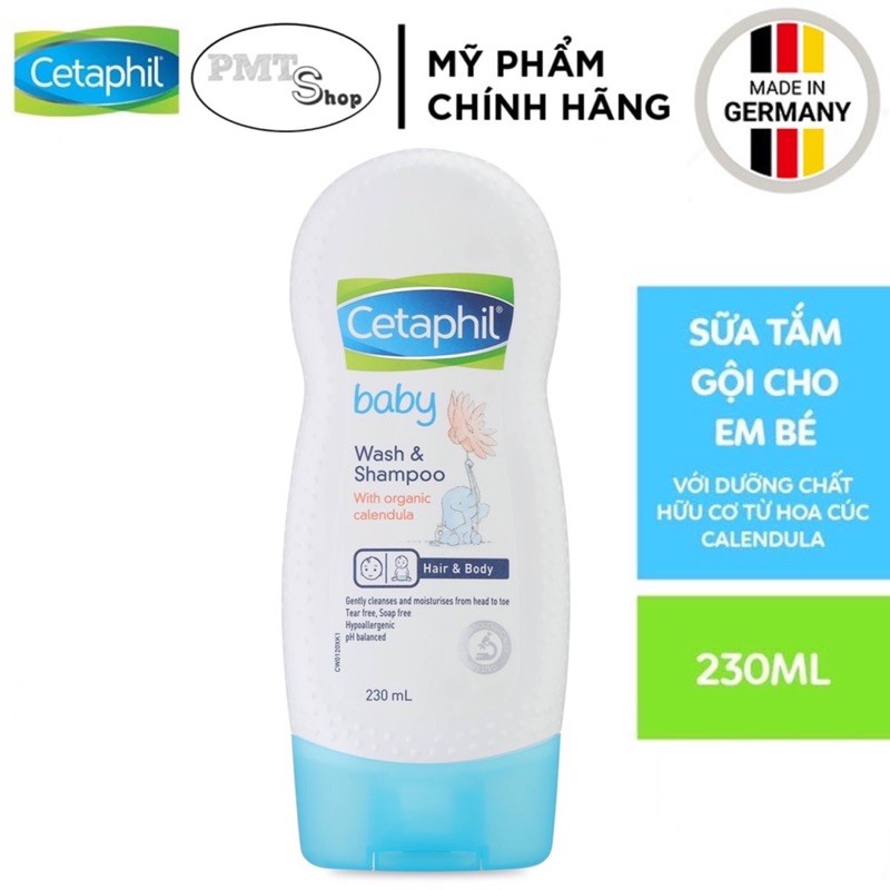 [Germany] Sữa tắm gội 2in1 cho bé Cetaphil Baby Wash & Shampoo 230ml với dưỡng chất hữu cơ hoa cúc Calendula - Đức