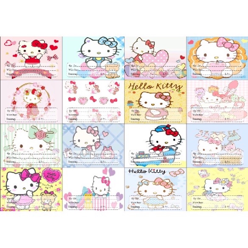 Sét 16 tấm Nhãn vở khủng long, kitty, chuột hoạt hình dễ thương