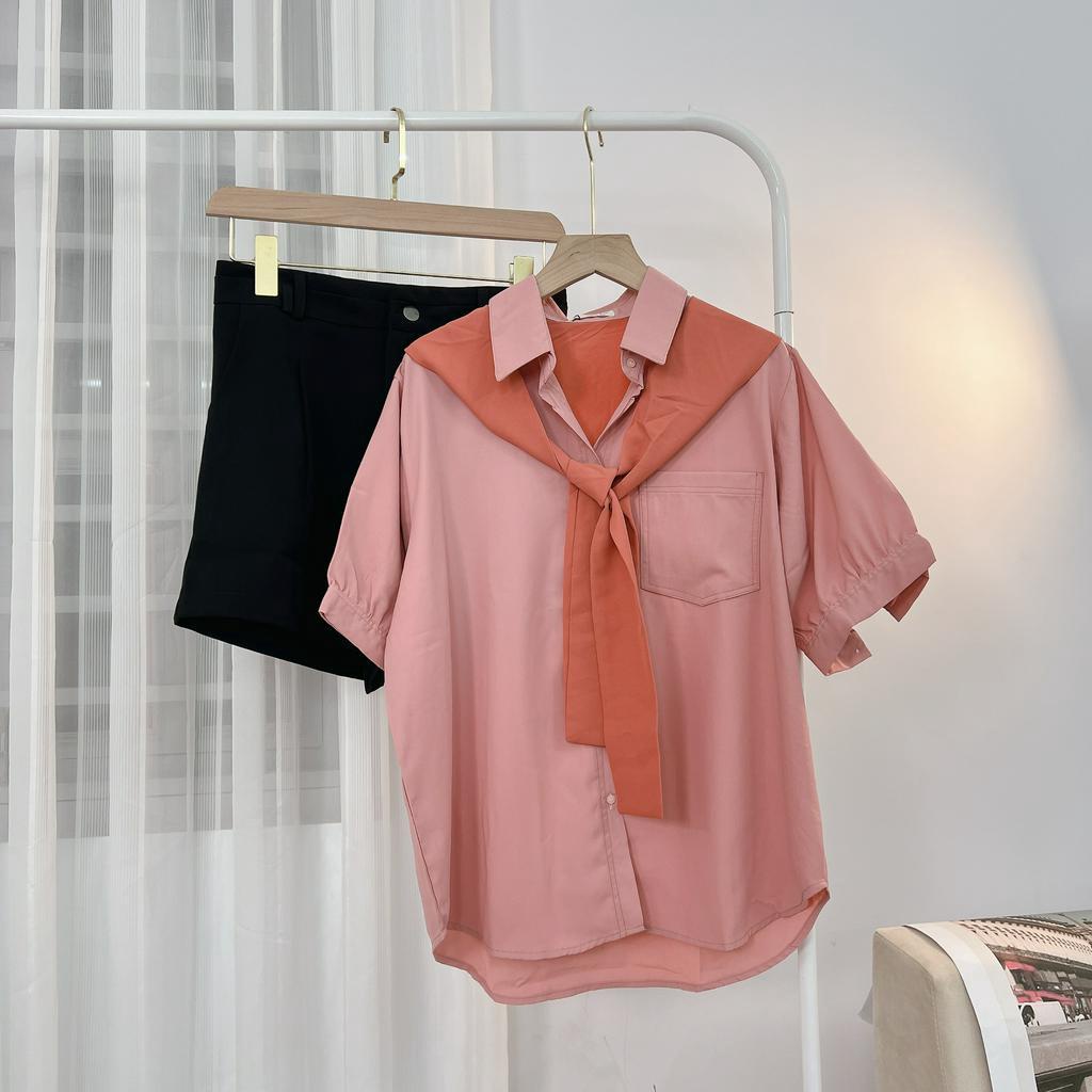 Áo Sơ Mi Nữ Màu Kèm Khăn Choàng Hàn Quốc Xinh Xắn Ngắn Tay, Sơ Mi Cột Nơ Tay Ngắn Phồng Freesize SUBICI
