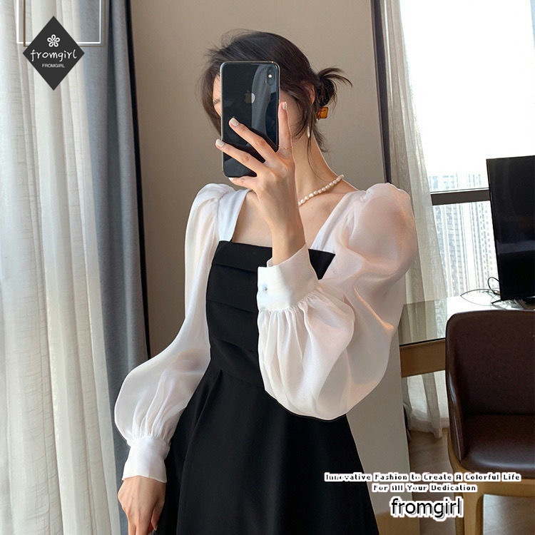 Đầm dài tay cổ vuông màu đen phong cách retro Pháp thời trang mùa thu cho nữ