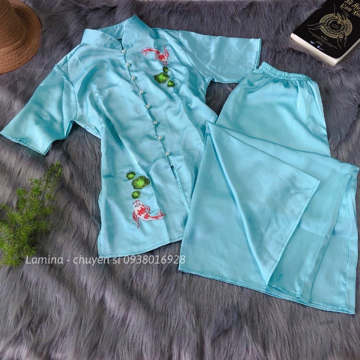 Đồ Lam ĐI CHÙA MẪU CÁ NGọcTHÊU HOA SEN VẢI LỤA SATIN MỊN