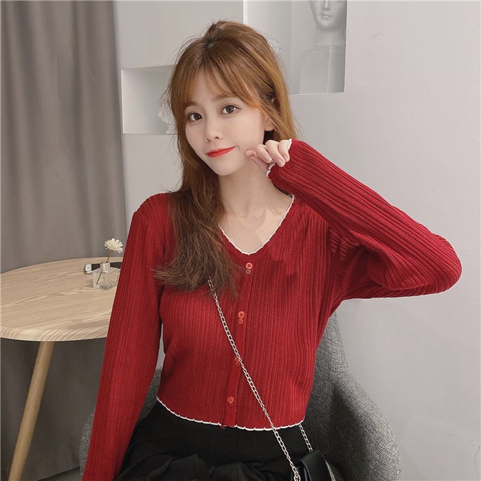 Áo dệt kim dài tay cổ tim phong cách Hàn Quốc thanh lịch dành cho nữ | BigBuy360 - bigbuy360.vn