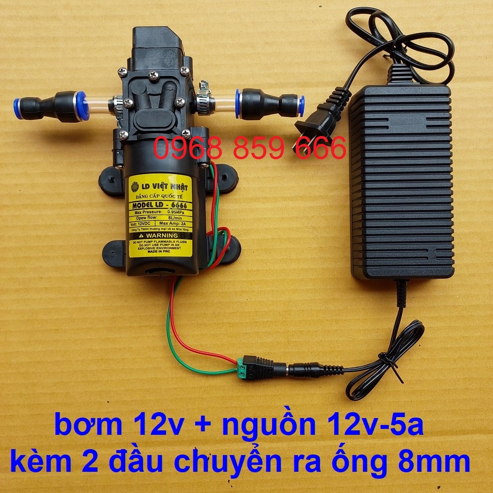 Máy bơm nước mini 12V áp lực cao + nguồn 12v-5A + 2 đầu chuyển ra ống 8mm