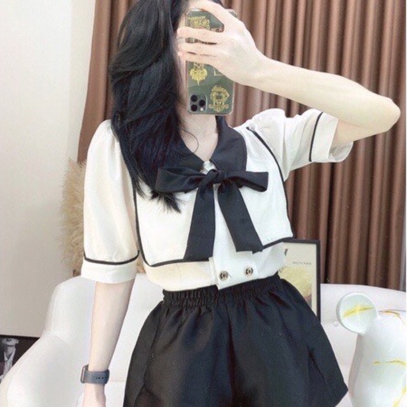 Áo somi tiểu thư viền cổ nơ