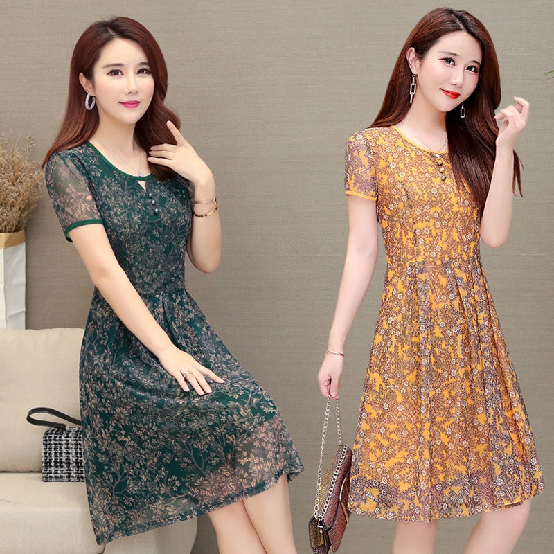 Váy voan ngắn tay cho người trung niên và người lớn tuổi, quần áo nữ váy dài cỡ trung cỡ lớn mùa hè mới