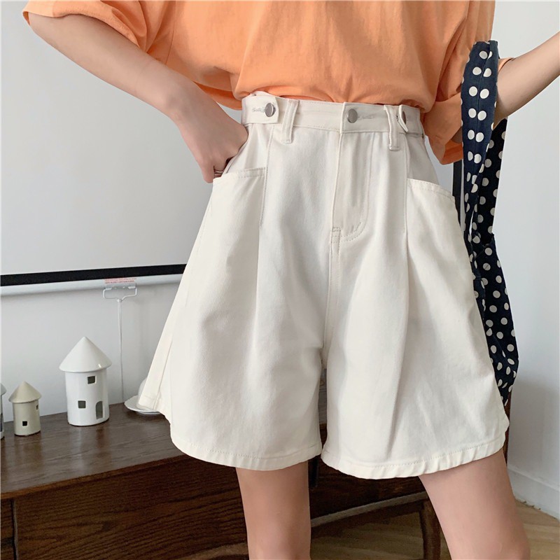 Xiaozhainv Quần ngắn denim lưng cao ống rộng thời trang Hàn Quốc cho nữ