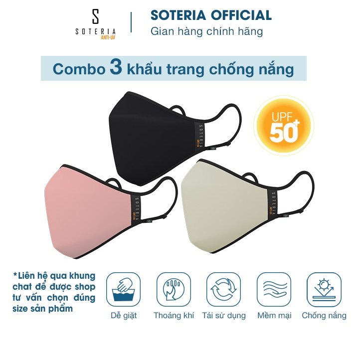 [Combo 3] Khẩu trang Soteria chống nắng Anti Ebony - Balsa - Flamingo - chuẩn UPF 50+, chống khuẩn chống bụi 0.1 - S,M,L