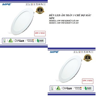 ĐÈN LED ÂM TRẦN 18W 3 CHẾ ĐỘ MÀU MPE,ĐÈN LED ÂM TRẦN 15W 3 MÀU MPE