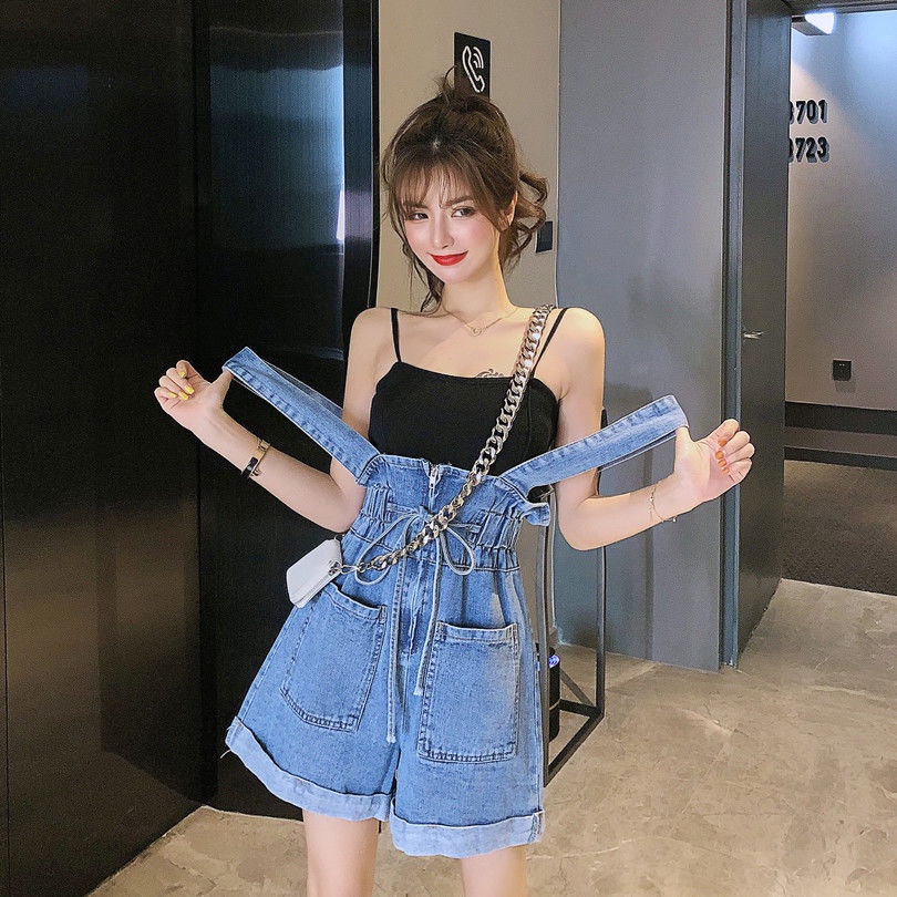 Quần Yếm Denim Ngắn Ống Rộng Phong Cách Hàn Quốc Thời Trang Cho Nữ