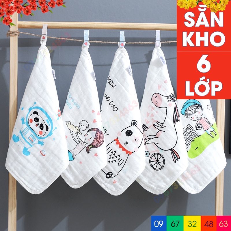 Khăn sữa xô 6 lớp NỀN TRẮNG HỌA TIẾT CAO CẤP rửa mặt loại dày siêu mềm mại cho bé