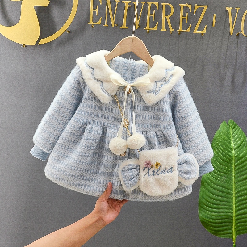 áo khoác len lông ấm áp bé gái size 9-20kg họa tiết cổ thêu tặng kèm túi đeo xinh xắn AK40