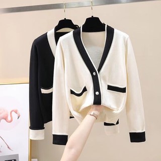 Áo khoác len nữ cardigan nữ phiên bản hàn quốc cổ chữ V phối màu xuân thu dáng áo khoác len mỏng dáng ngắn thời trang