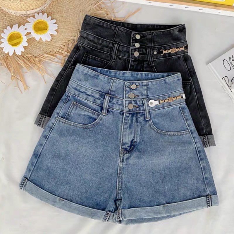 Quần shorts bò cạp cao 3 cúc phối xích