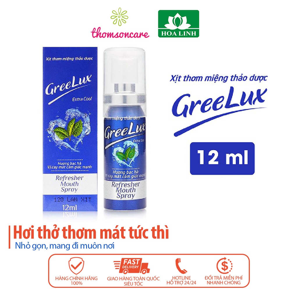 Bình xịt thơm miệng Greelux Extra Cool Thảo Dược Xanh dương cay mạnh, giảm mùi hôi, sâu răng - Chai 12ml