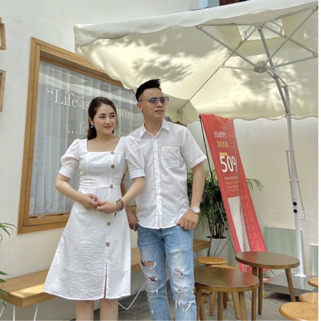 Váy áo đôi thiết kế, đồ đôi nam nữ phong cách Hàn Quốc vải đũi xước mềm mịn, thấm hút mồ hôi