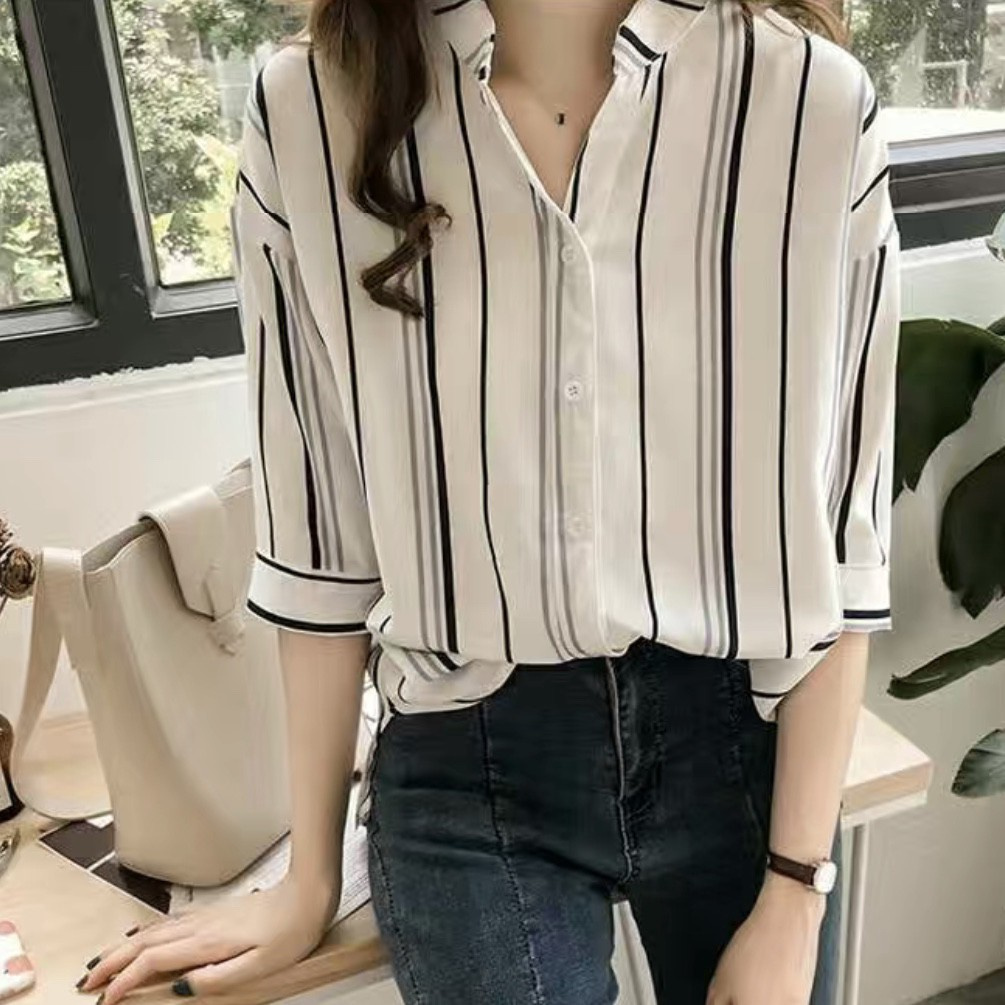 Áo Sơ Mi Chiffon Cổ Chữ V Plus Size / 40-100kg Họa Tiết Kẻ Sọc Thời Trang Công Sở Cho Nữ