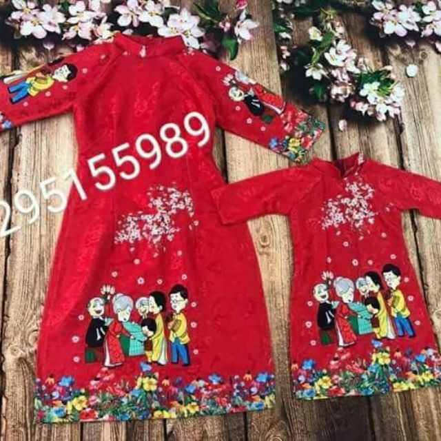 set mẹ và bé gái đoàn viên đỏ kèm video ảnh thật