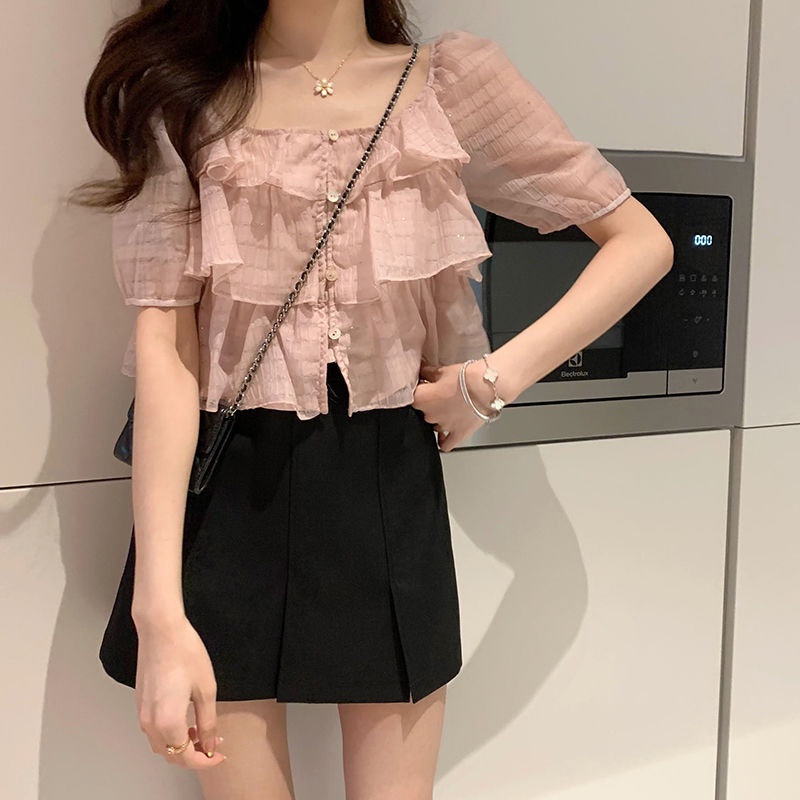 Áo Kiểu Tay Phồng Ngắn Cổ Vuông Nhiều Lớp Phong Cách Pháp Thời Trang Mùa Hè Cho Nữ