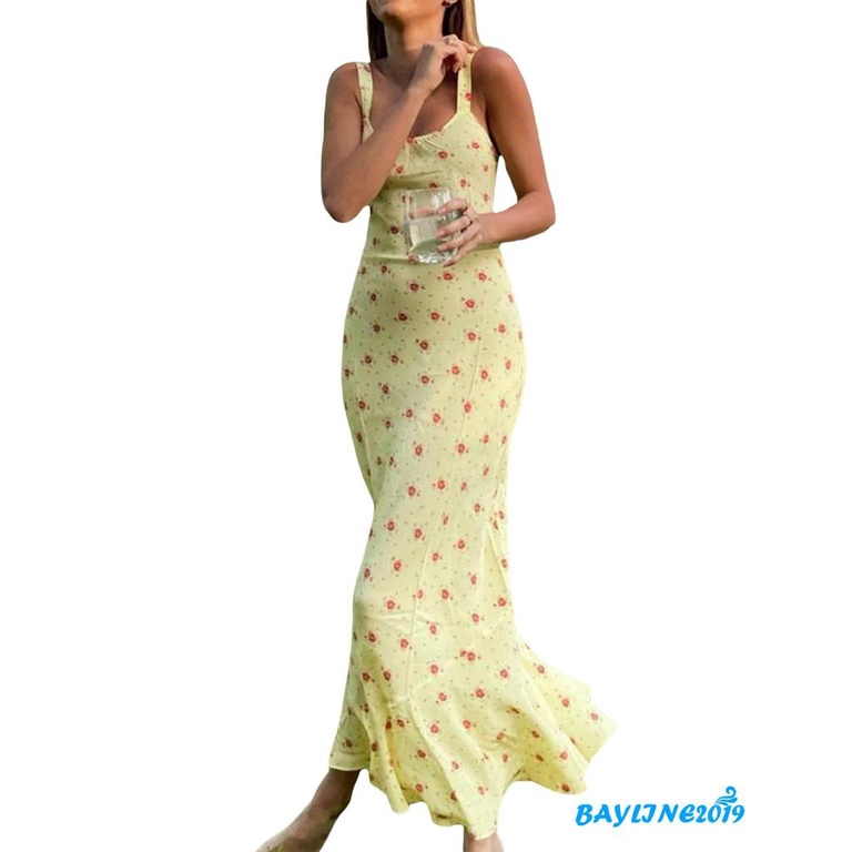 Đầm không tay Cổ Chữ U In Hoa Gợi Cảm (Màu Vàng, Đen)