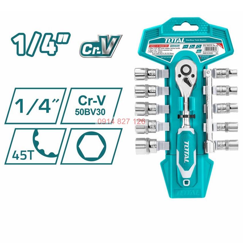 Bộ cần siết 2 chiều kèm 12 socket TOTAL THT14114126 1/4inch thép CrV chất lượng cao 50BV30, Bh 6 tháng