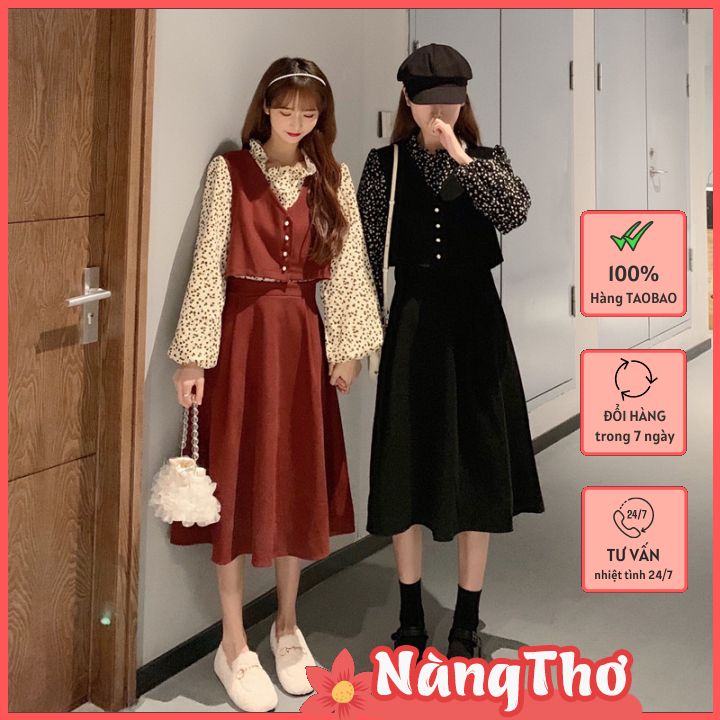 Váy Giả Set Thắt Nơ Eo, Đồ Đôi Thu Đông Cho Chị Chị Em Em Chất Vải Nhung