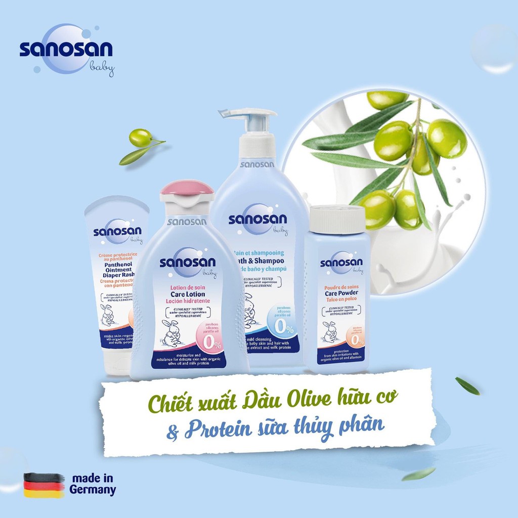 Combo Sữa tắm gội dịu nhẹ Sanosan Baby chiết xuất olive hữu cơ 200ml + Sữa dưỡng thể 200ml