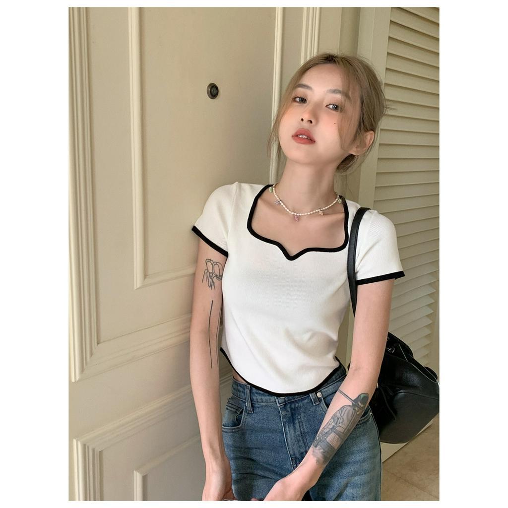 Áo sweater Ngắn Tay Cổ Vuông Thiết Kế Lệch Tà Cá Tính Dễ Phối Đồ