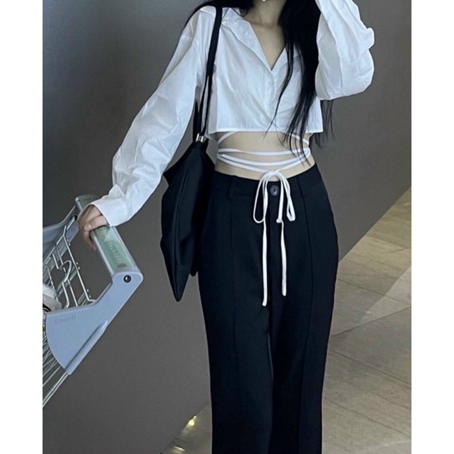 SET CROP SƠ MI TRẮNG CỘT DÂY EO + QUẦN SUÔNG ĐEN✨