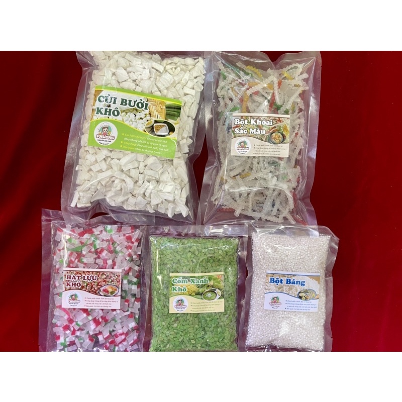 Hạt lựu, bột báng, răng cưa, cốm xanh, cùi bưởi nấu chè