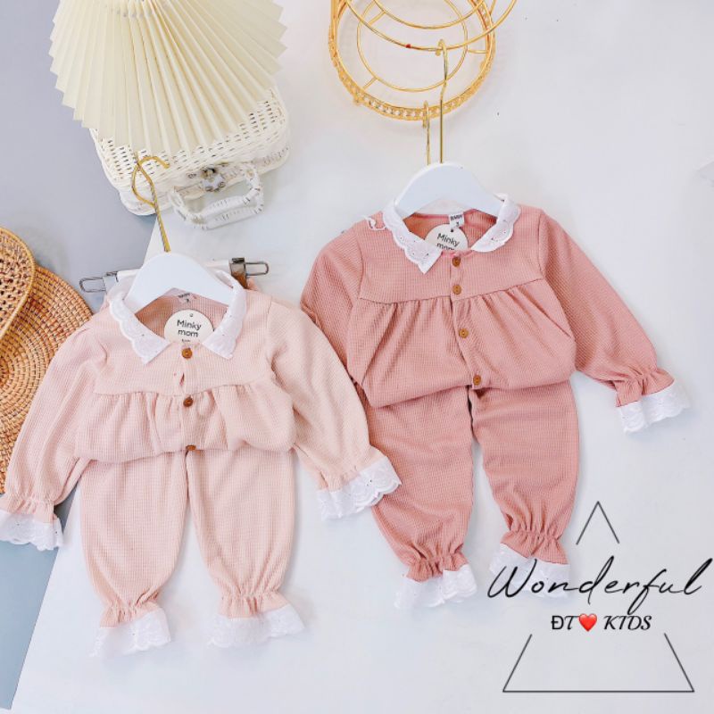 Bộ pyjama bé gái, bộ dài tay bé gái, bộ tổ ong phối ren xinh xắn bé gái