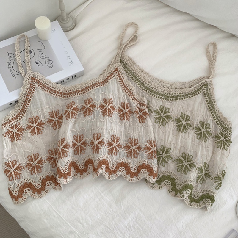 Áo Croptop Hai Dây Dệt Kim Vải Cotton Lanh Thêu Hình Trái Tim Kiểu Vintage Thời Trang Mùa Hè Cho Bạn Gái