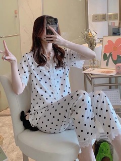 pijama lụa satin cổ V phi bóng chấm bi trái tim sang chảnh