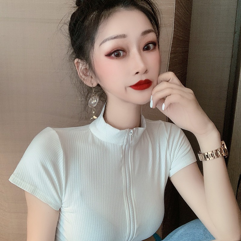 Áo Dệt Kim Ngắn Tay Cổ POLO Lưng Cao Thời Trang Quyến Rũ