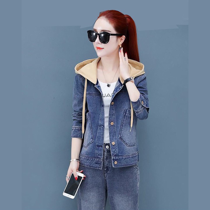 Áo Khoác Jean Nữ Dài Tay Kèm Nón Thời Trang