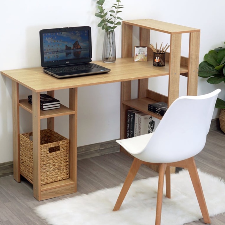 Bàn Học, Kệ Bàn Làm Việc kết hợp giá sách chữ L, Đa tầng chất liệu Gỗ MDF