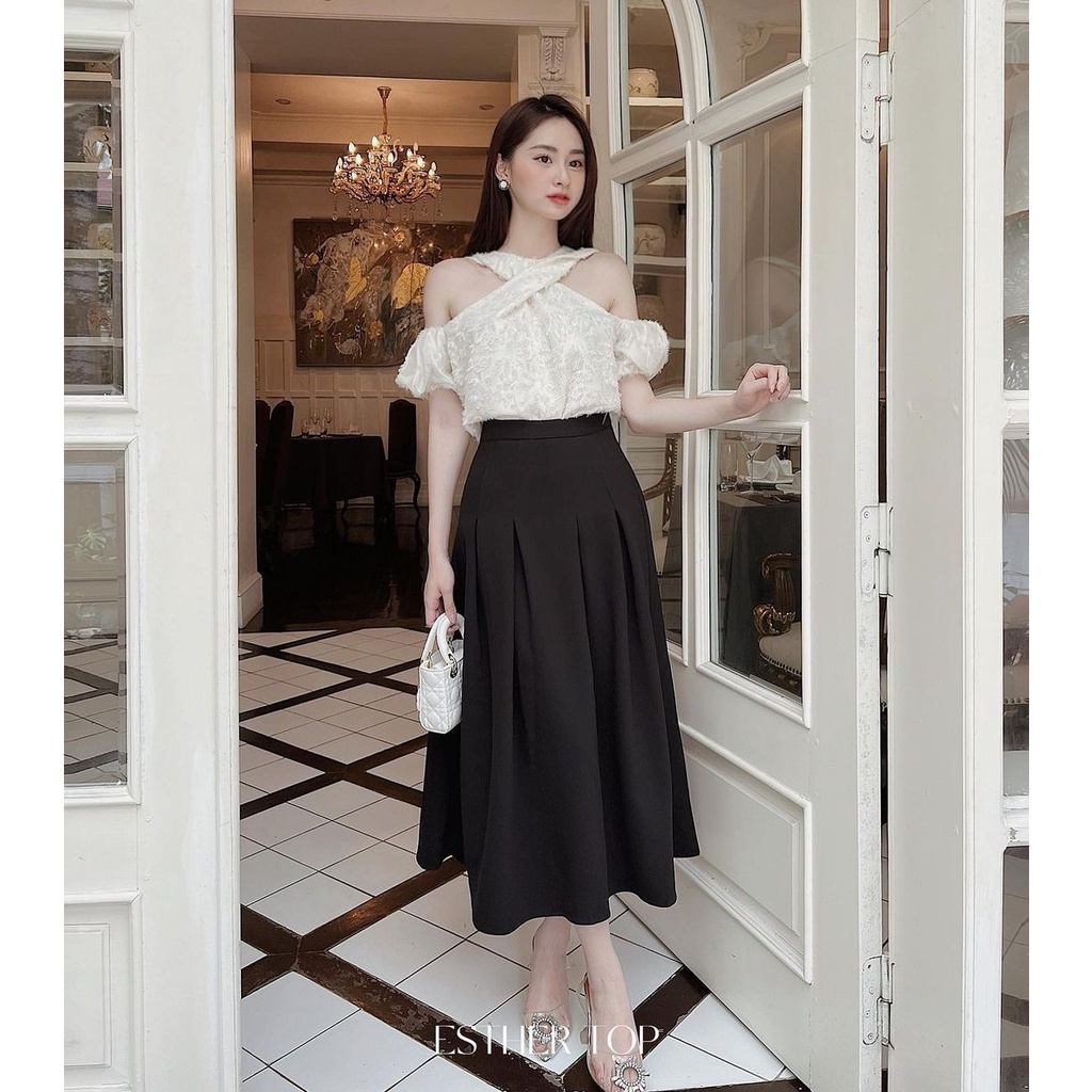 Áo trễ vai tay bồng chất tơ hoa  Áo kiểu nữ cổ yếm xoắn A-CY4