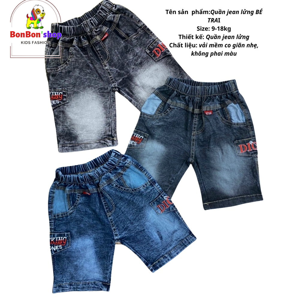 Quần short jean cho bé trai, quần bò đùi cho bé trai BONSHOP vải mềm không phai màu size 13kg đến 30kg