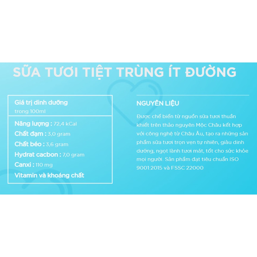 (Vỉ 4 hộp 180 ml) Sữa tươi ít đường Mộc Châu