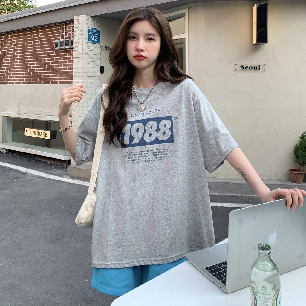 Áo thun tay ngắn dáng rộng in chữ thời trang đơn giản cho nữ