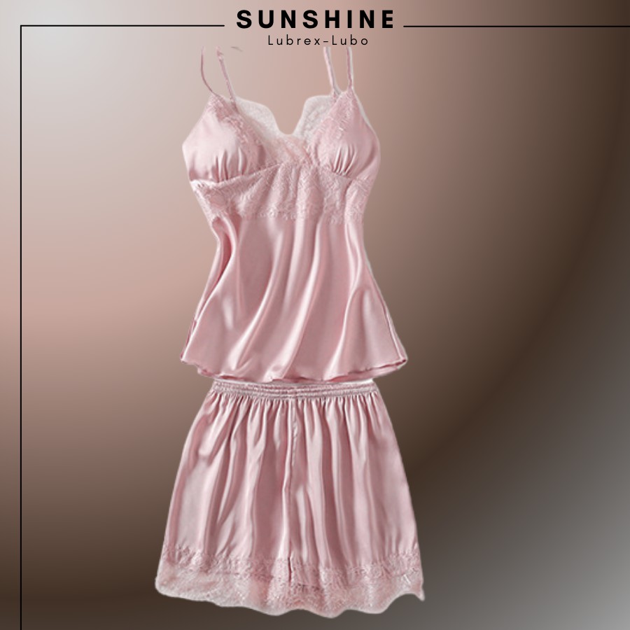 Bộ Đồ Ngủ Nữ Mặc Nhà  Áo 2 Dây Quần Cộc Phối Ren Nữ Tính Lụa Trơn Cao Cấp MÀU HÔNG SUNSHINE MNT230